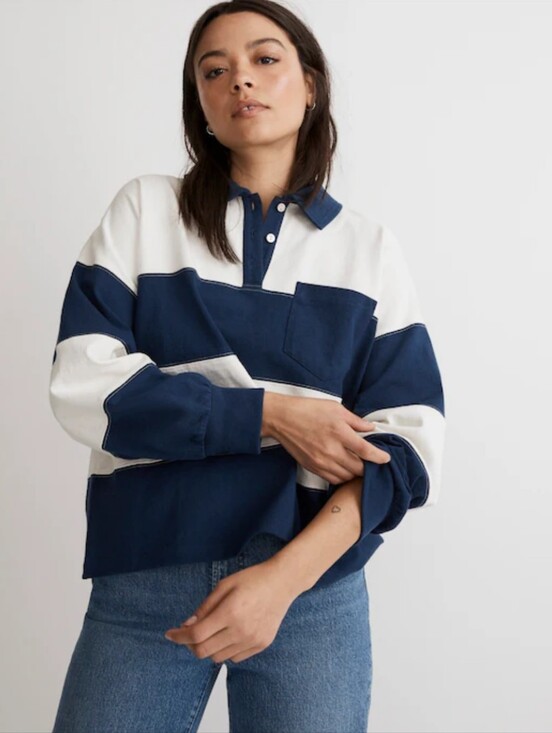 Madewell Tops - Madewell Navy White Striped Rugby Polo Pullover Long Sleeve Shirt XS